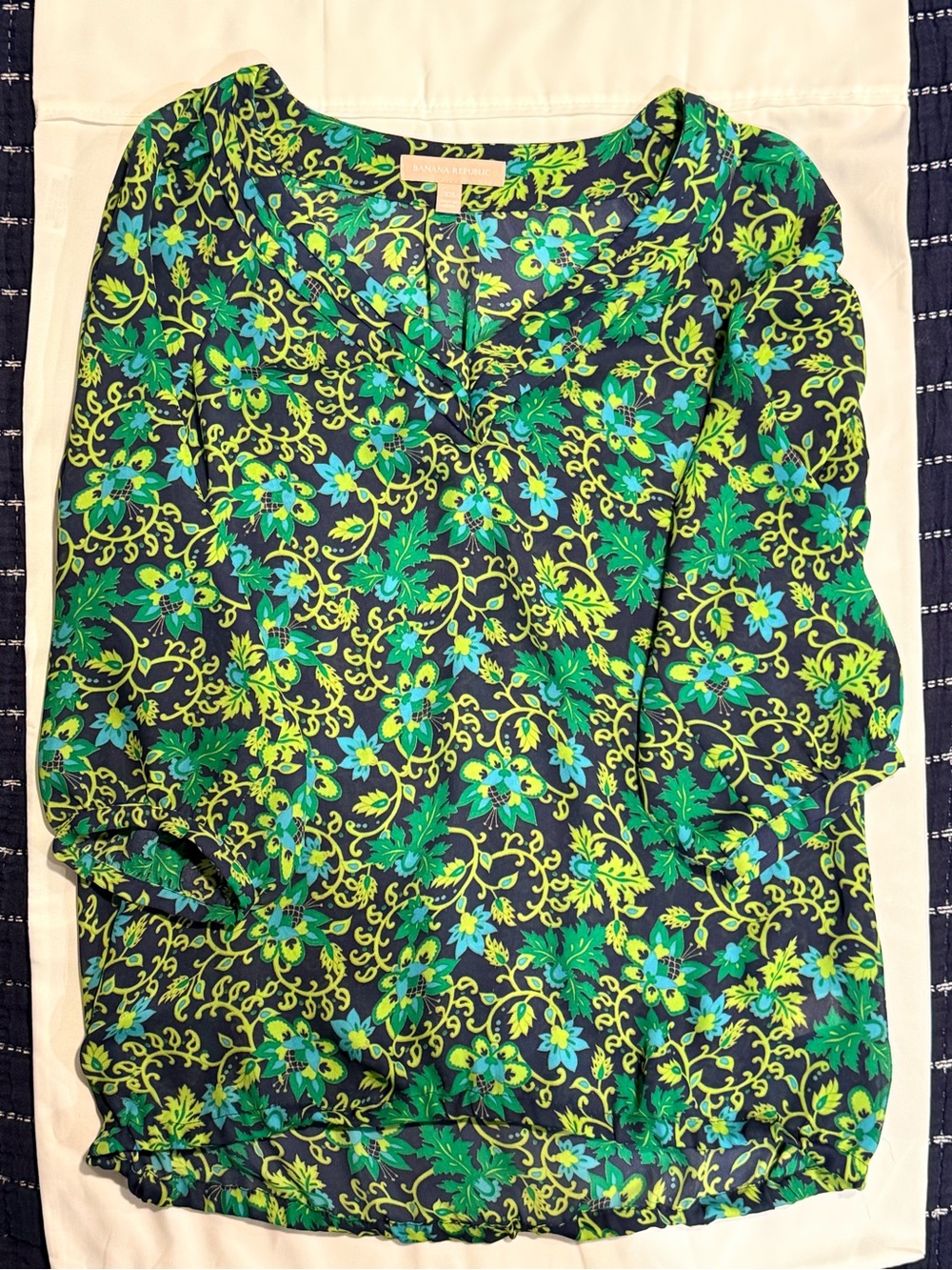 Banana Republic Navy Blouse with Green Floral Print